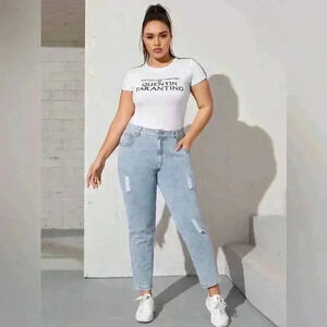 🎆 SHEIN high waisted distressed mom jean light wash XL tapered leg non-stretch